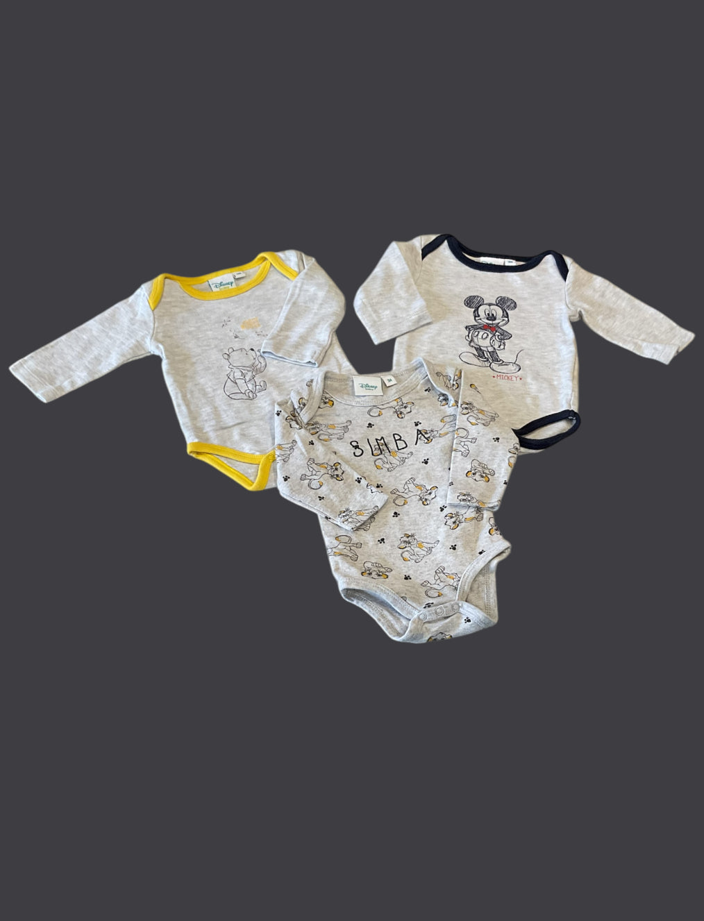 Lot de 3 Bodies manches longues, Disney, 3 mois.