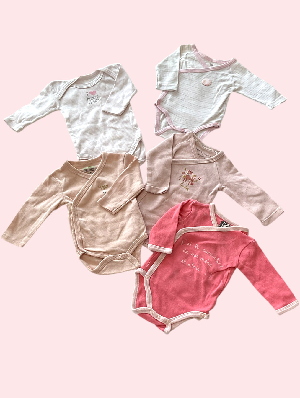 Lot de 5 bodies manches longues bébé fille, 1 mois