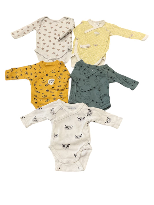 Lot de 5 bodys mixtes, naissance - 1 mois.
