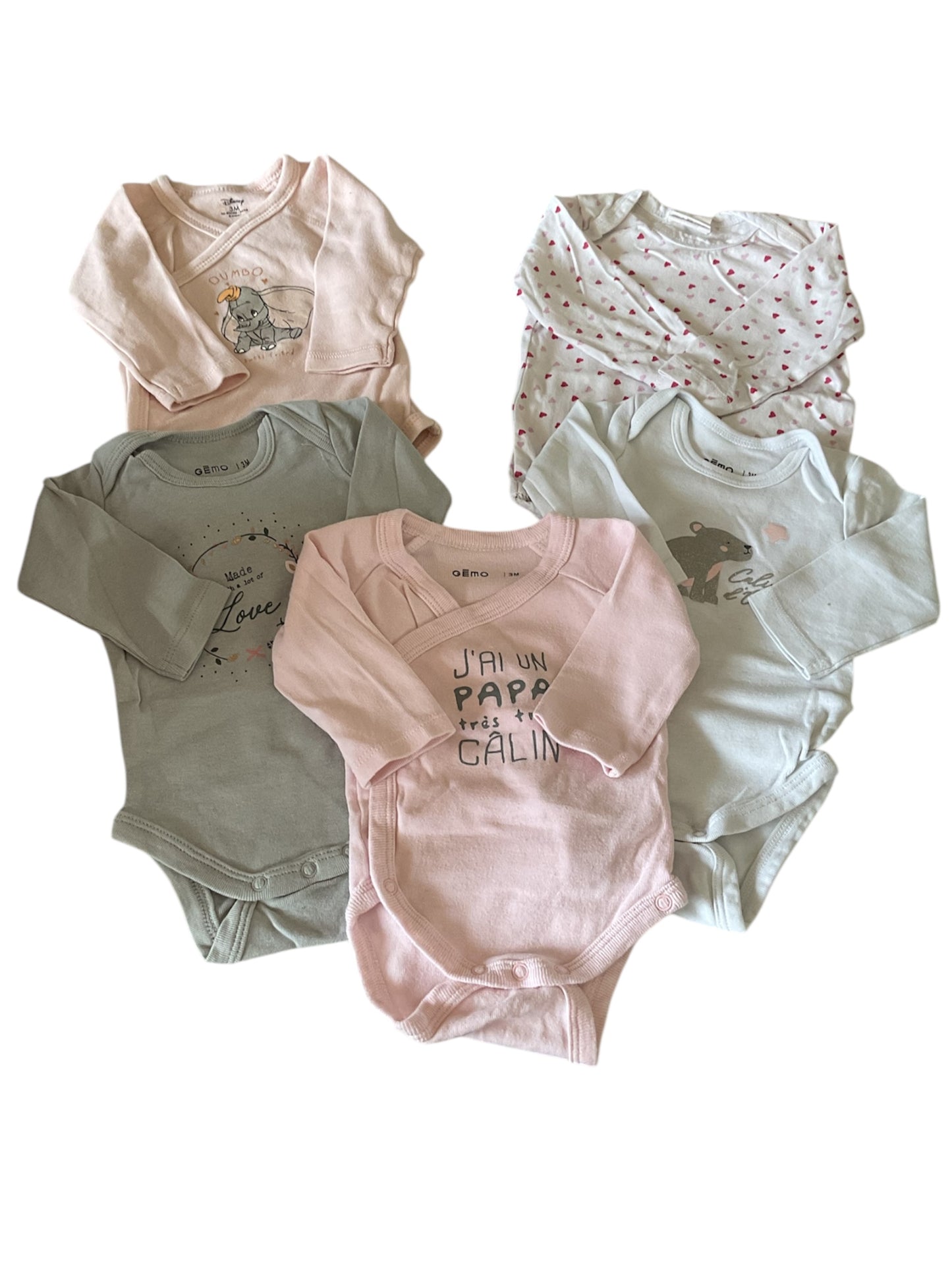 Lot de 5 bodies manches longues bébé fille, 3 mois.